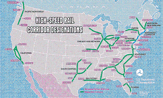 Mapa projektovanej siete tratí USA